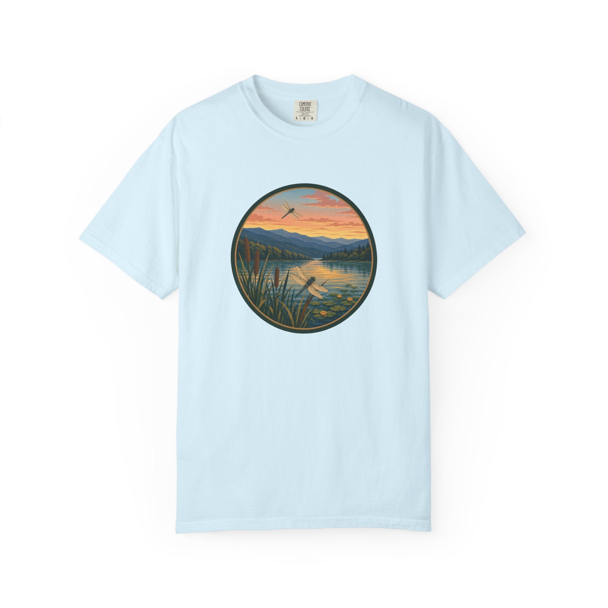 Dragonfly Sunset Lake Scene T-Shirt — Scenic Mountain Nature Tee
