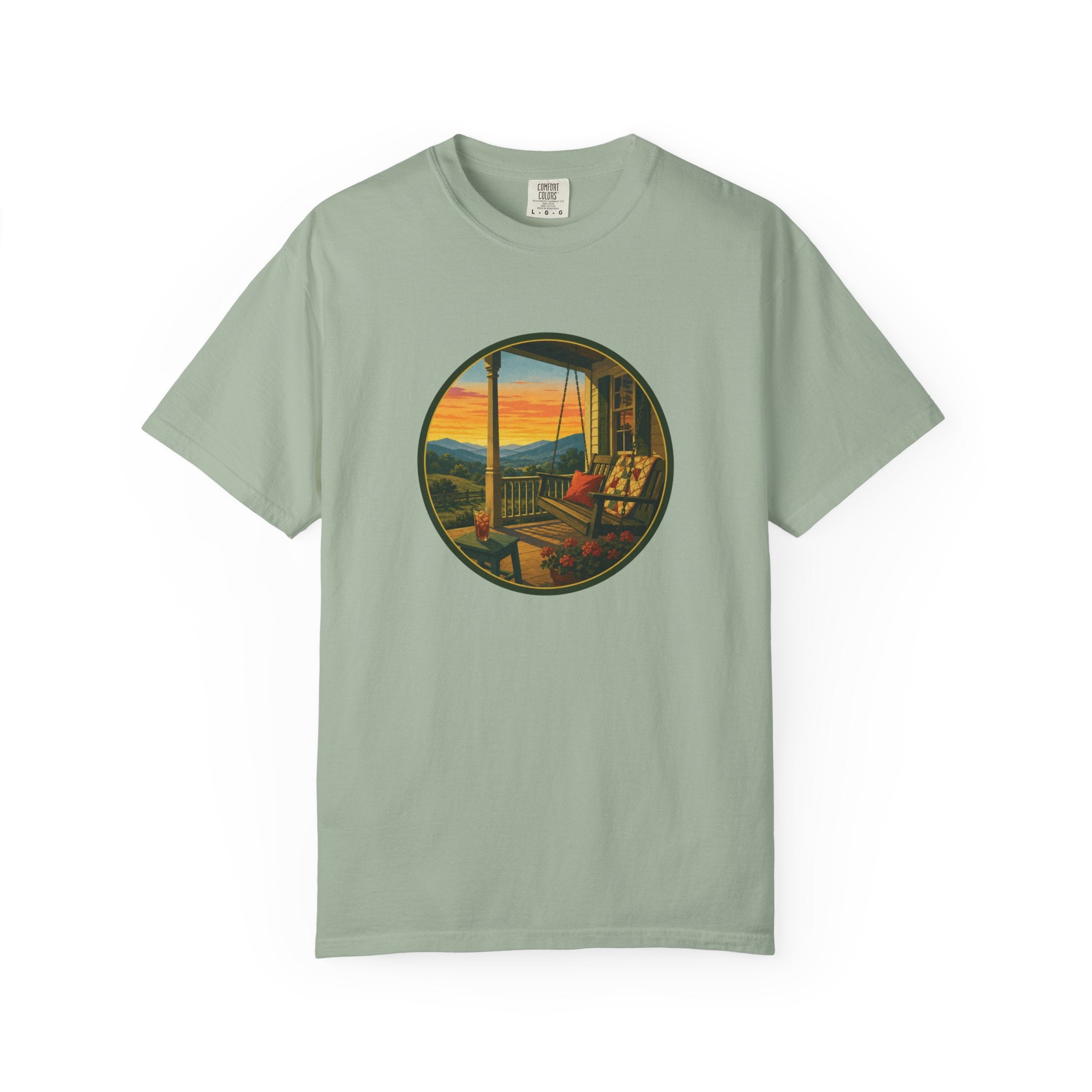 Sunset Porch Circle T-Shirt — Scenic Porch Swing Graphic Tee