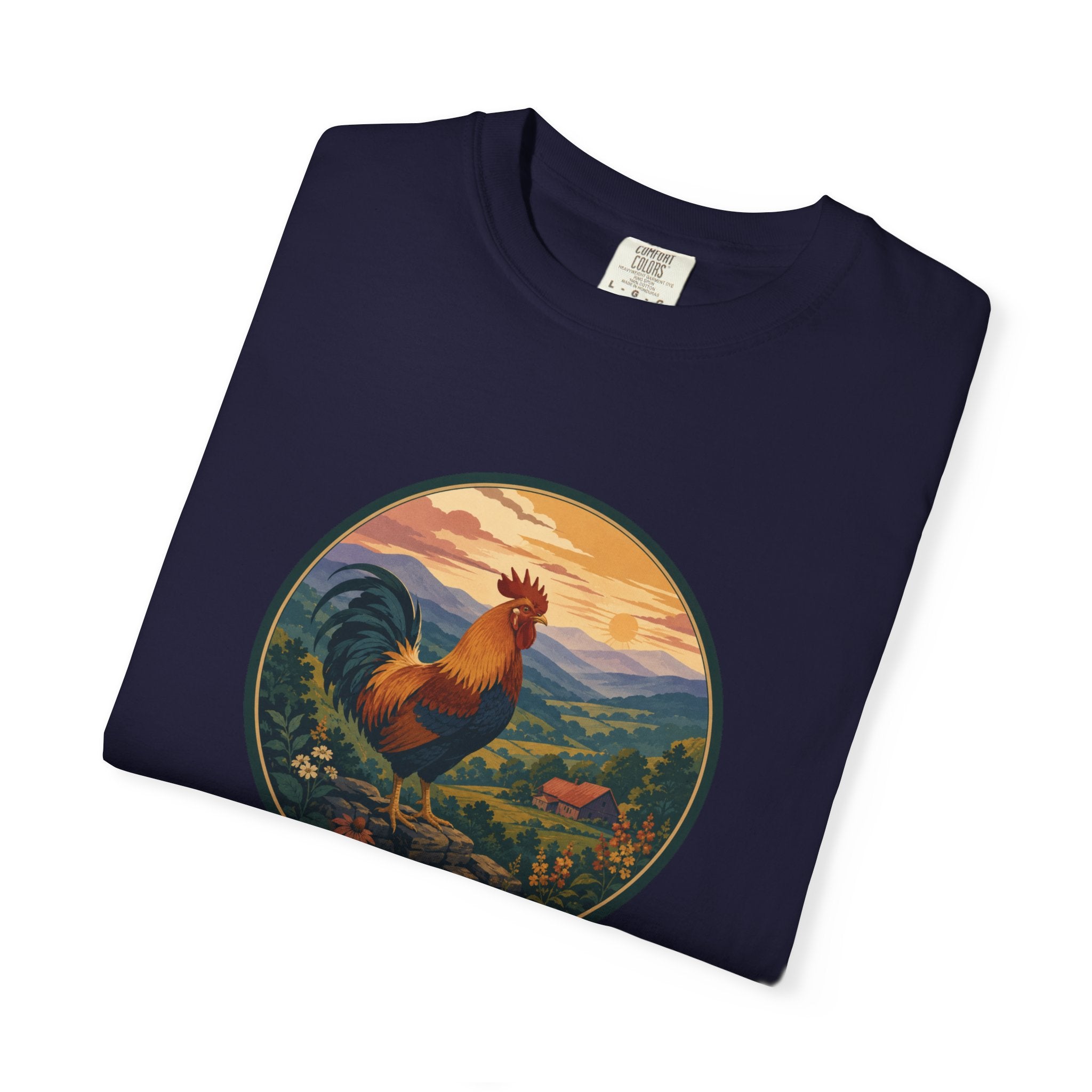 Blue Ridge Rooster Sunrise T-Shirt — Vintage Farm Scene Tee